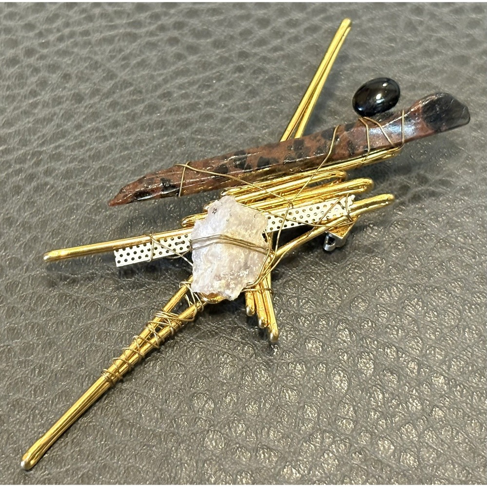 TAKASHI HONDA Gold Tone Gemstone Brooch Pin California Designer Modernist